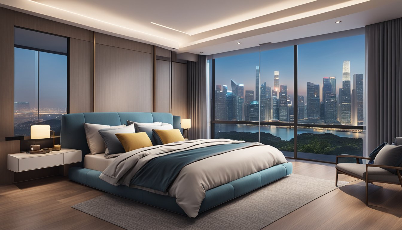 A spacious, modern master bedroom in Singapore with a sleek, minimalist design, featuring a large bed with a stylish headboard, soft lighting, and a panoramic view of the city skyline