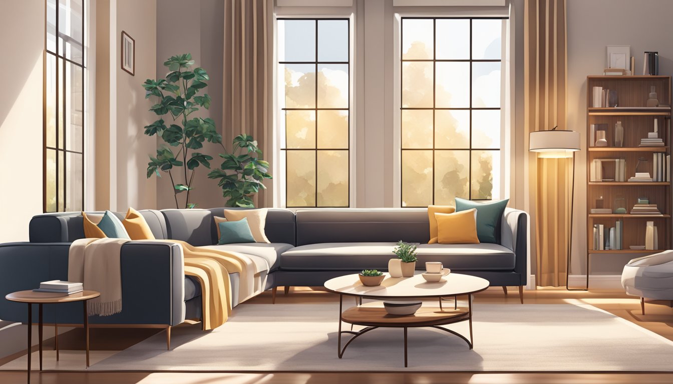 A cozy living room with a modern sofa set, a coffee table, and a soft rug. Bright natural light filters through the window, casting a warm glow on the furniture