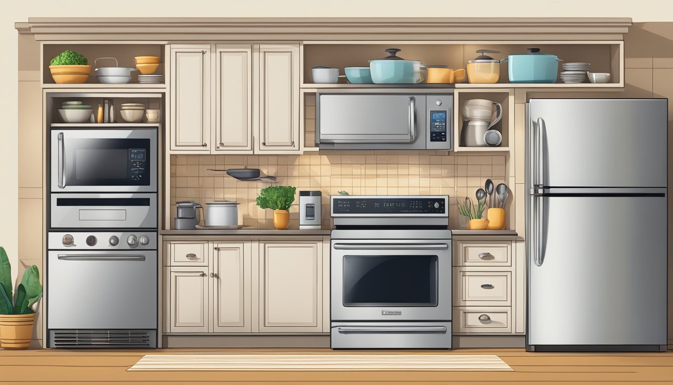 A modern kitchen with a sleek microwave oven, surrounded by various kitchen appliances and utensils. The microwave's digital display shows the words "Frequently Asked Questions best microwave oven."