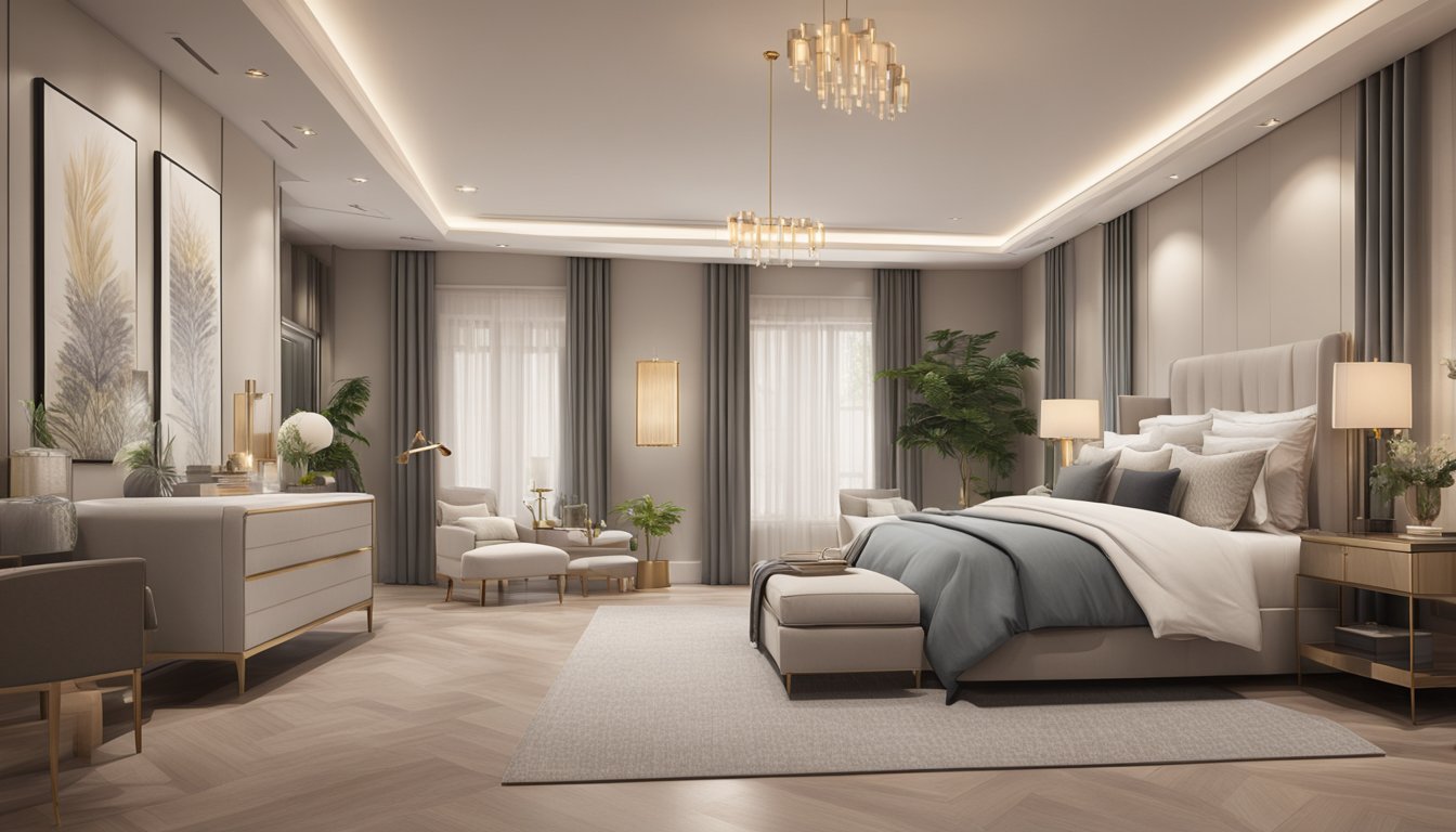 A luxurious master bedroom with modern furniture, soft lighting, and a neutral color palette exuding elegance and tranquility