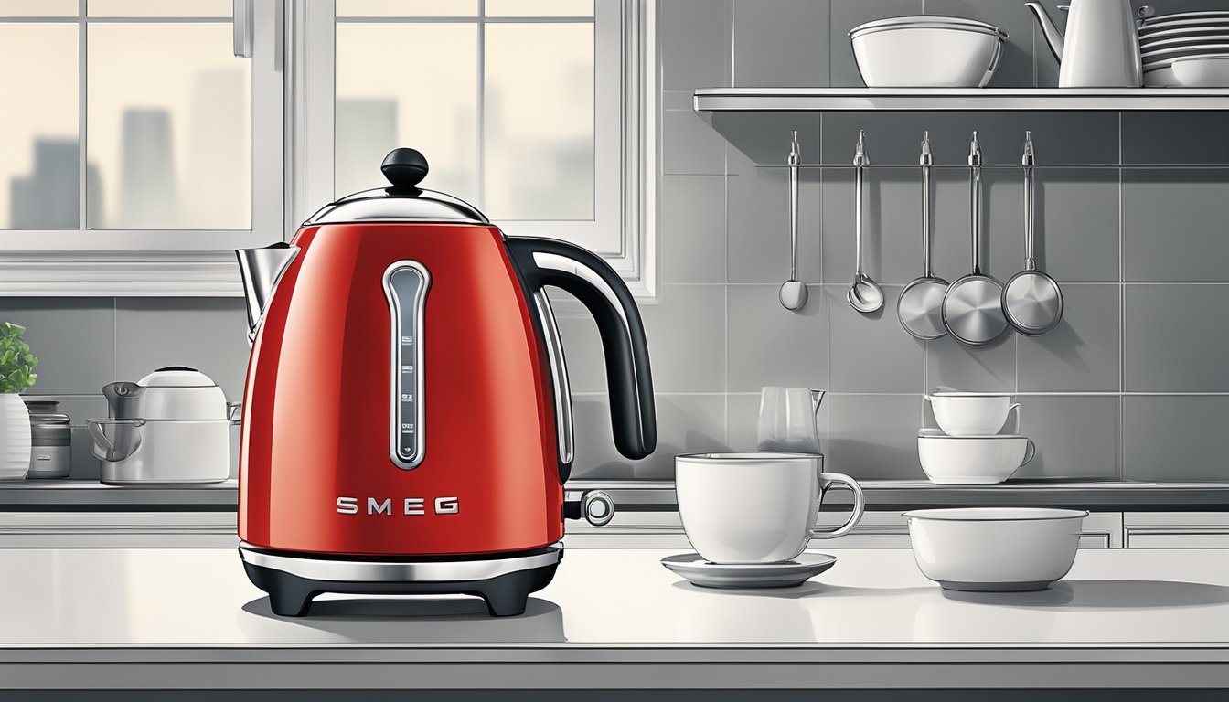 A bright red Smeg kettle sits on a modern kitchen counter in Singapore