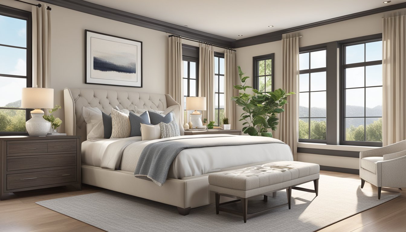 A spacious master bedroom with a cozy, neutral color scheme. Large windows allow natural light to fill the room, highlighting the elegant furniture and luxurious bedding