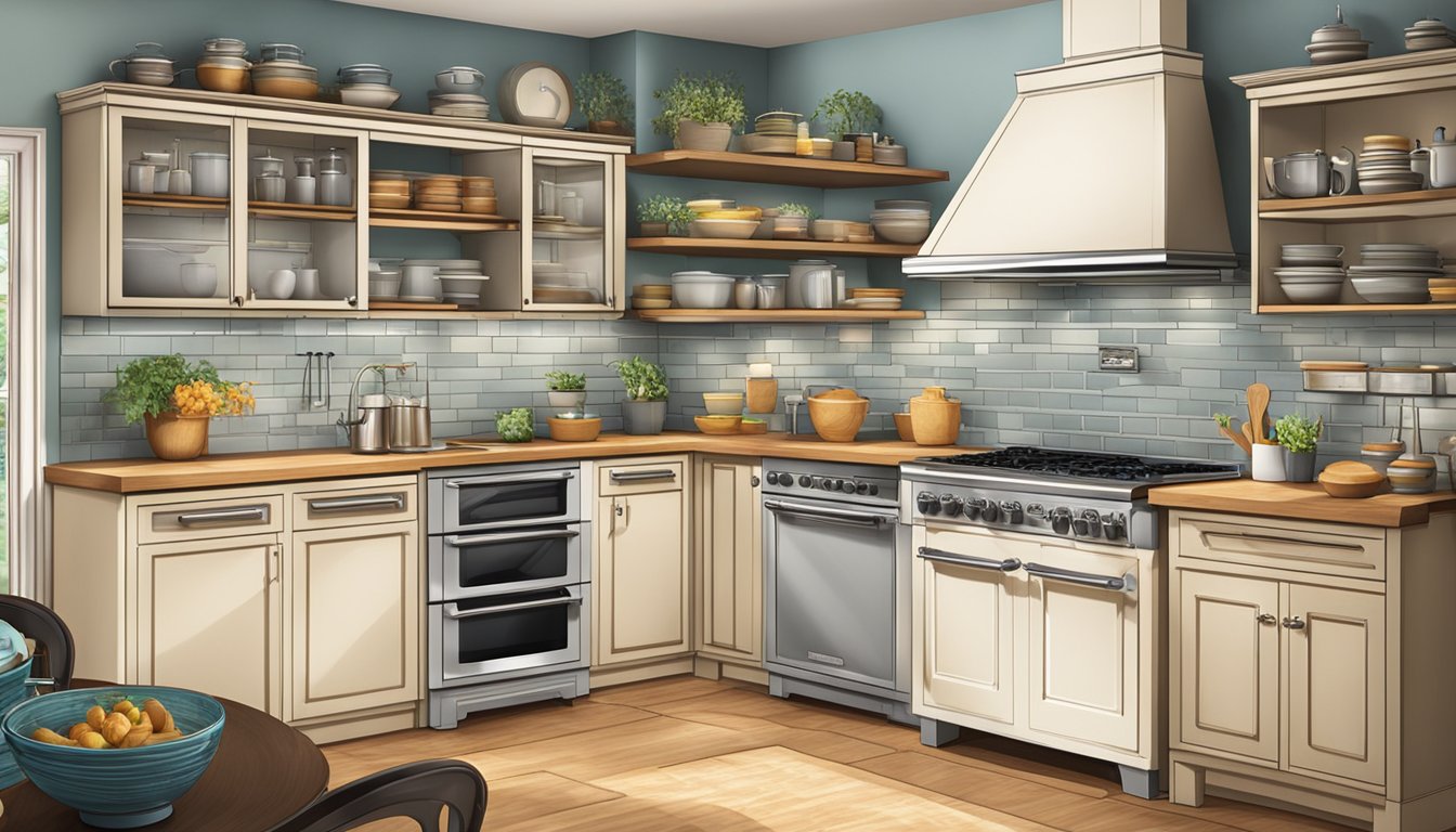 A kitchen scene with various oven brands displayed on shelves and countertops, with different models and styles showcased