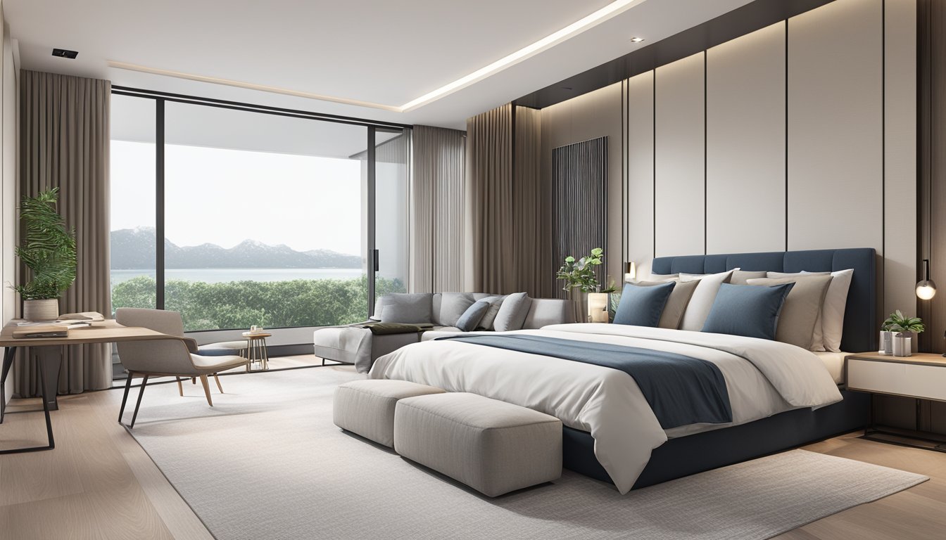 A spacious, modern master bedroom in Singapore with a sleek, minimalist design, featuring a king-sized bed, large windows, and a neutral color palette