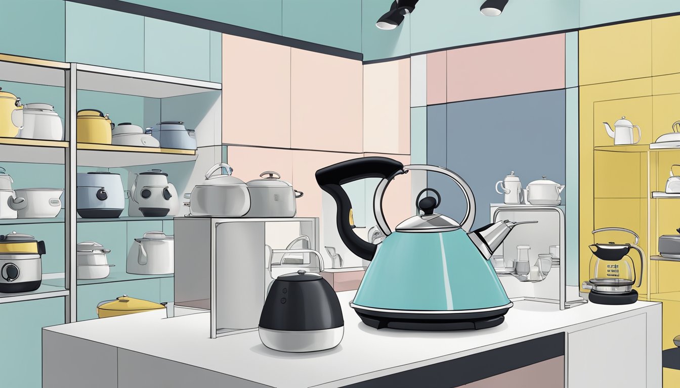 A hand reaches out to select a Smeg kettle from a display in a Singapore store