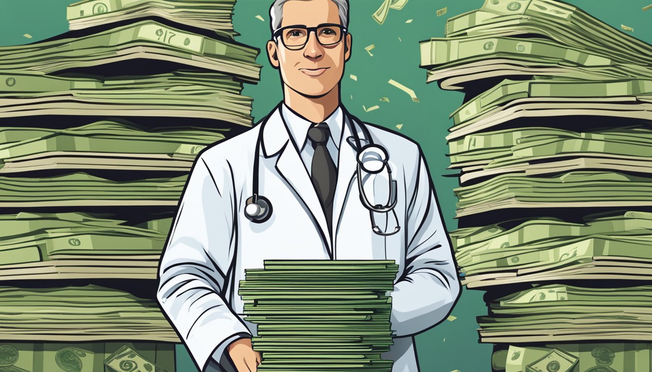A doctor in a white lab coat standing in front of a large stack of money, with books and a diploma in the background
