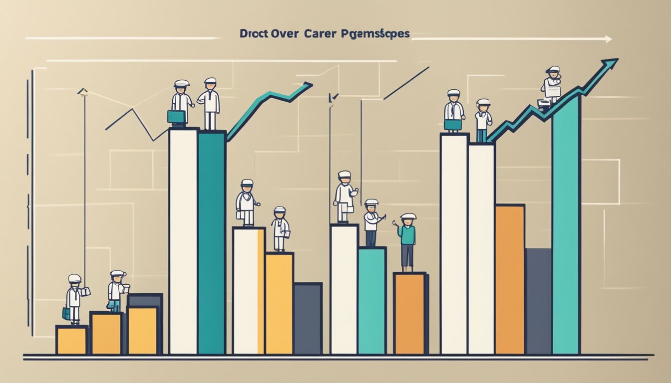 A doctor's career progression and salary growth in Singapore is depicted through a series of ascending bar graphs, symbolizing increasing income over time