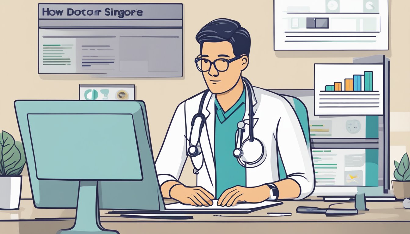 A doctor's salary in Singapore is a common inquiry. Illustrate a computer screen showing the question "How Much Does a Doctor Make in Singapore?" with a search bar and results