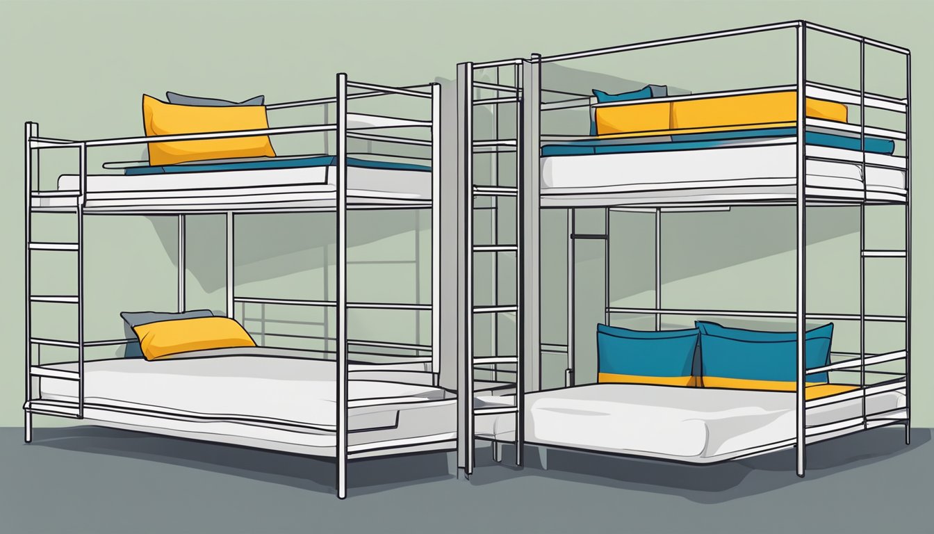 A double deck bed with two mattresses stacked on top of each other, a ladder on one side, and a safety railing around the top bunk