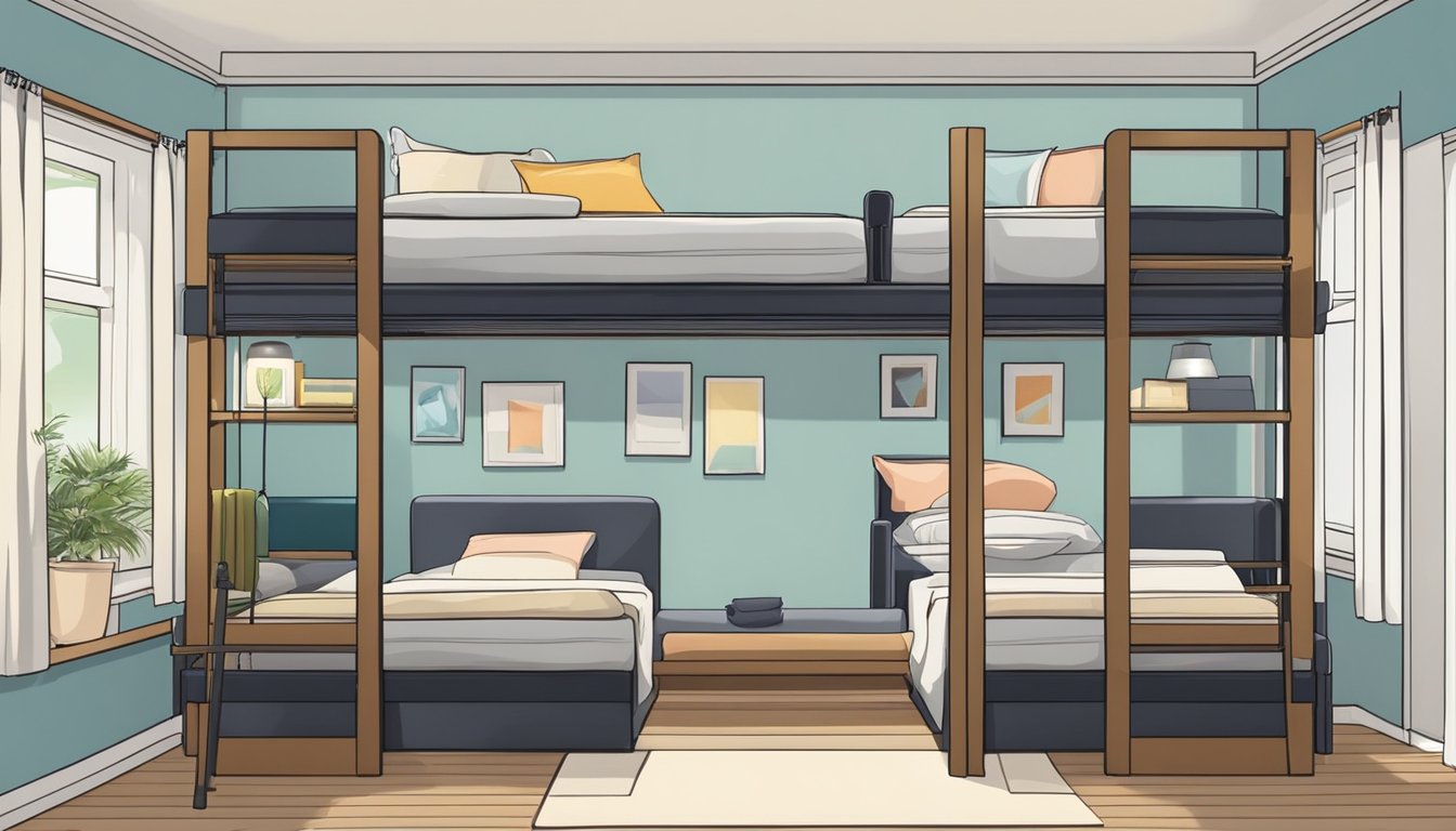 Two double deck beds in a bedroom, one on top of the other, with a ladder connecting them. The beds are made with clean and neat bedding