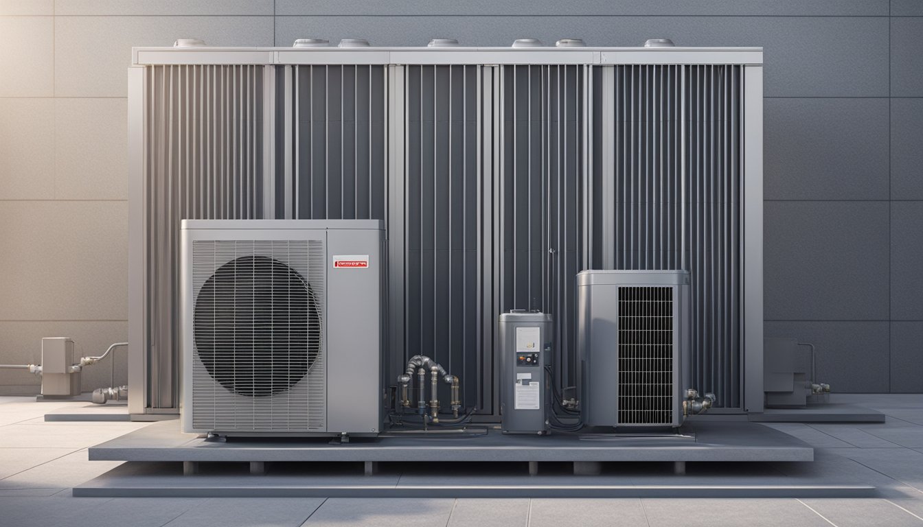 A condensing unit sits on a concrete pad, surrounded by piping and electrical connections. The unit is sleek and modern, with a large fan and metal casing