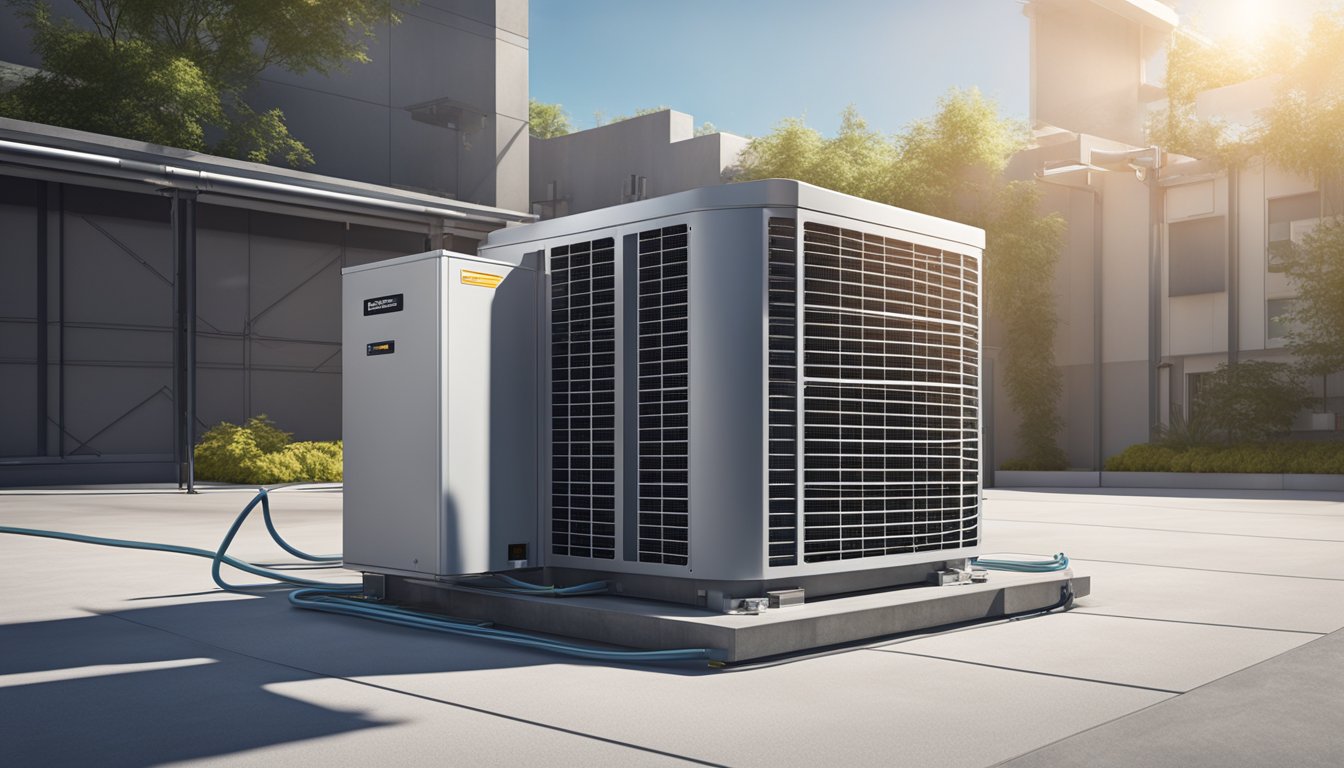 A condensing unit sits on a concrete pad, surrounded by piping and electrical connections. It is positioned next to a building with a large fan on top, and sunlight shines down on the unit