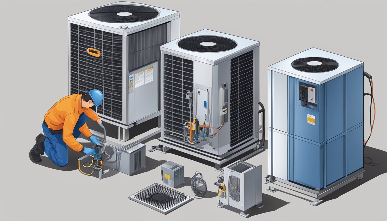 A technician installs a condensing unit, surrounded by tools and equipment