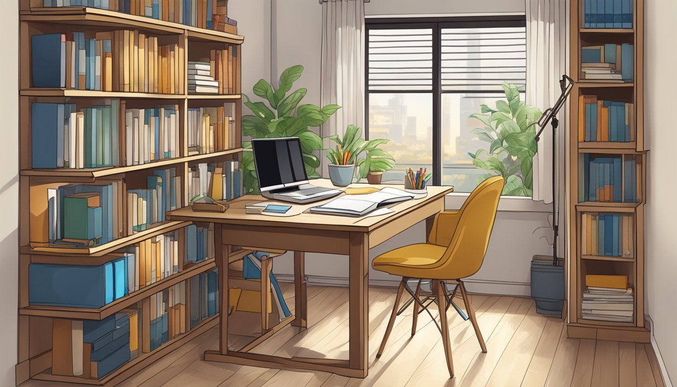 A study table positioned by a window, facing away from distractions, with a well-organized layout of books and supplies