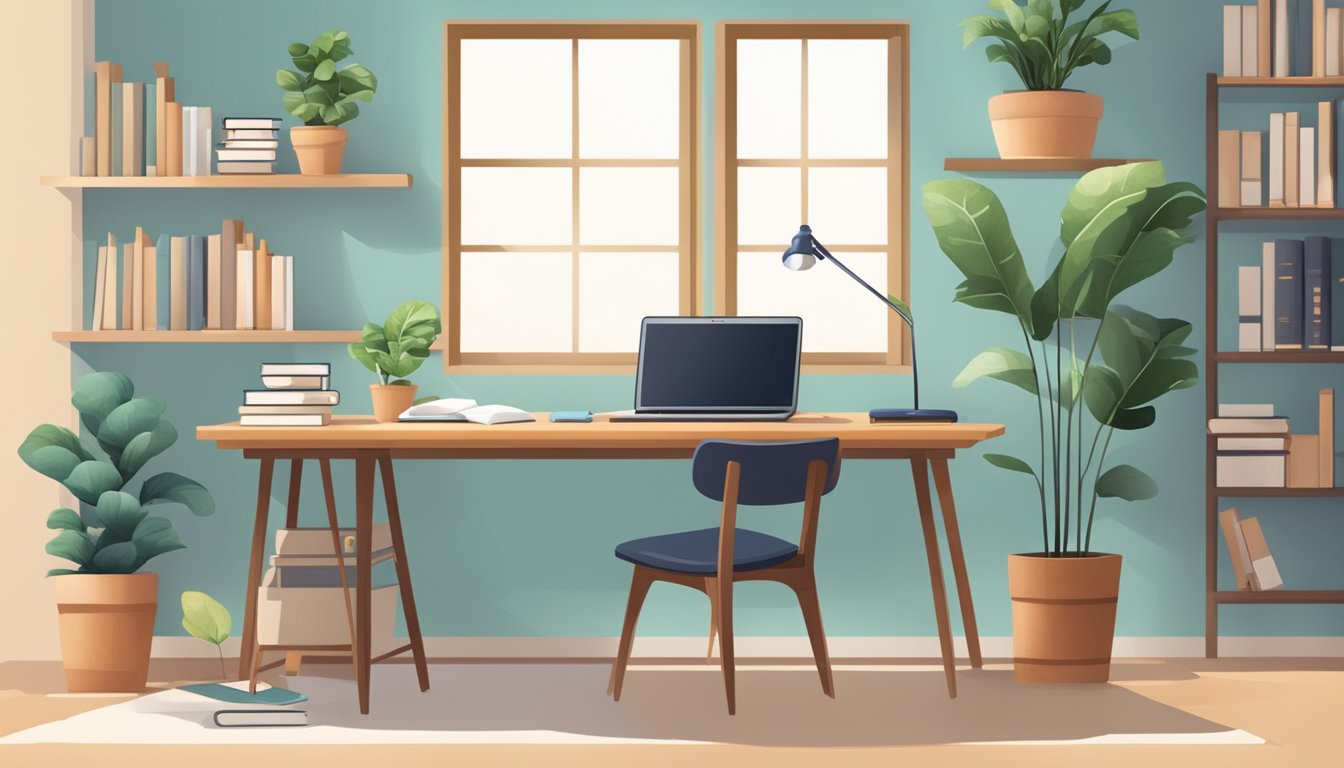 A well-lit study table with organized books, a laptop, and a motivational quote on the wall. A comfortable chair and a plant add to the inviting atmosphere