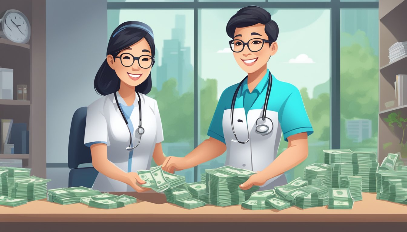 A nurse in Singapore counts money from a paycheck, with a smile on their face