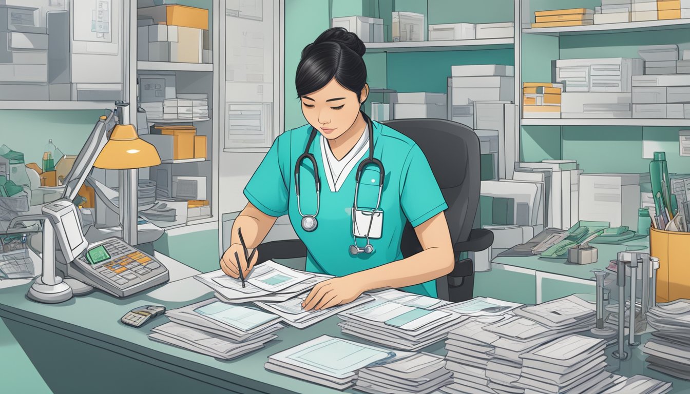 A nurse in Singapore counting her earnings, surrounded by medical equipment and paperwork