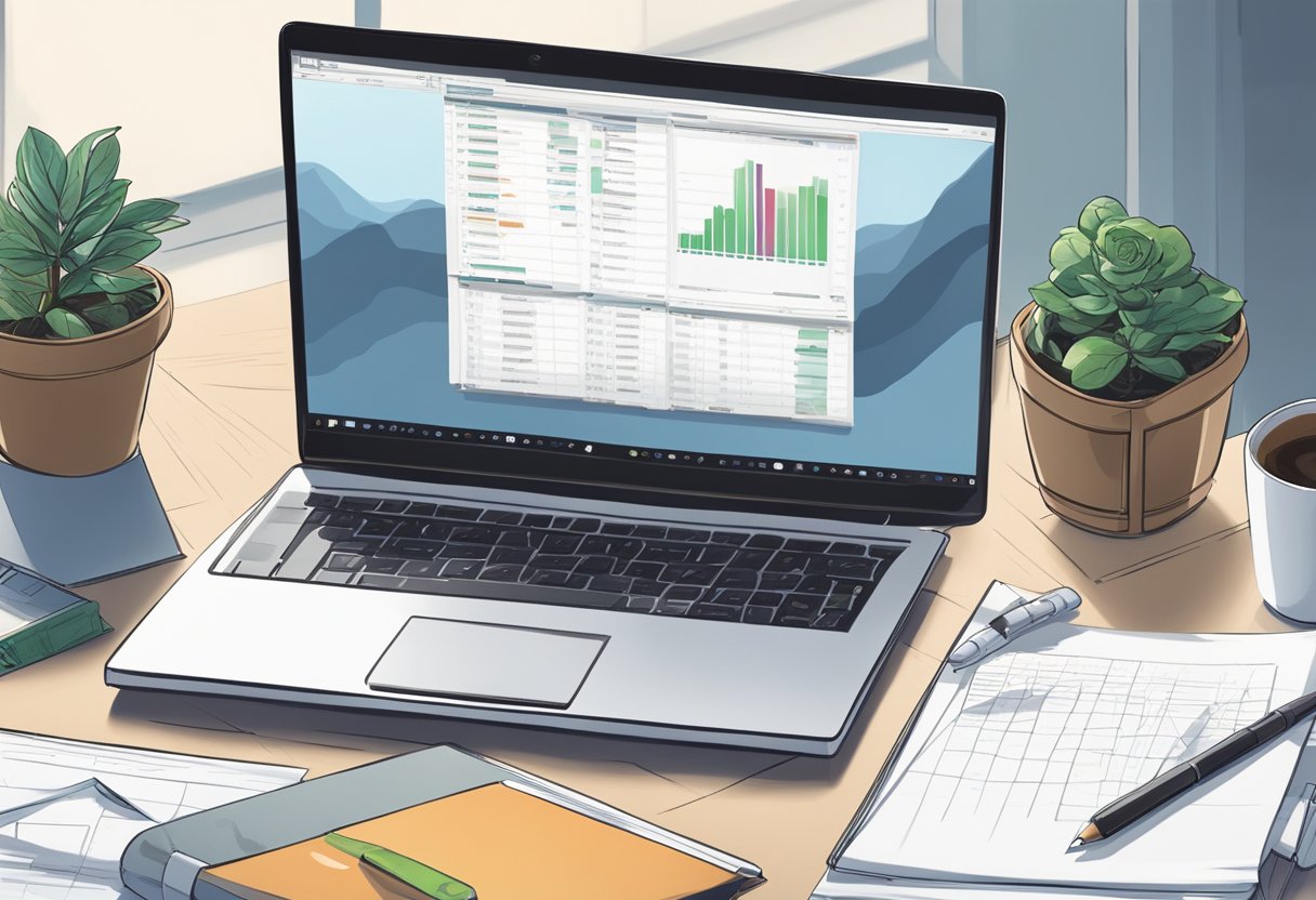 Trading for Beginners: A Comprehensive Guide to Learn How to Trade (Basics Trading Tips for Beginners in 2024) 2 A laptop sits open on a desk, showing a trading platform. A notepad with trading notes and a pen are nearby. A cup of coffee and a plant add to the scene