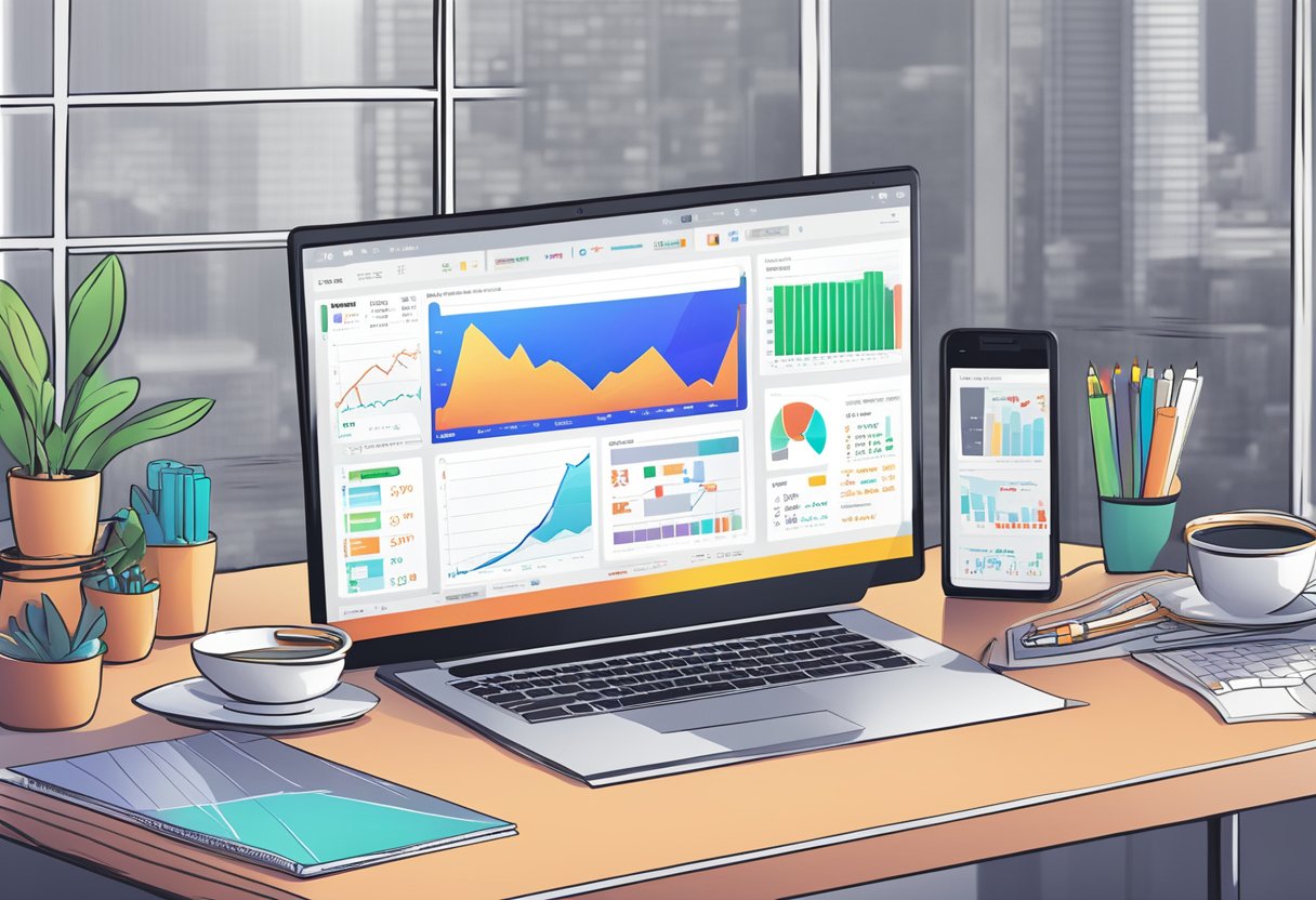 Trading for Beginners: A Comprehensive Guide to Learn How to Trade (Basics Trading Tips for Beginners in 2024) 3 A computer screen displays a trading platform with charts, graphs, and buy/sell options. A beginner's guide book is open nearby