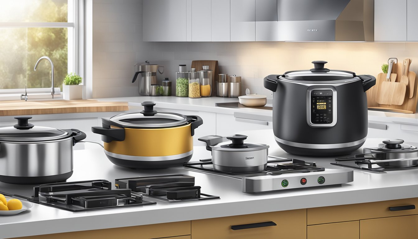 A kitchen countertop with various multi cookers on display, featuring sleek designs and modern technology. Bright lighting highlights the products