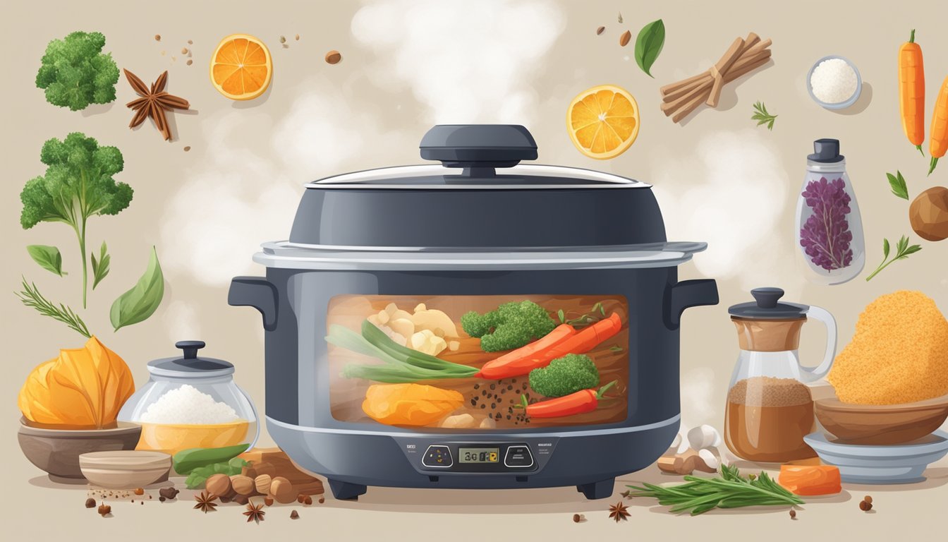 A multi cooker surrounded by various ingredients and spices, with steam rising from the pot as a delicious aroma fills the air
