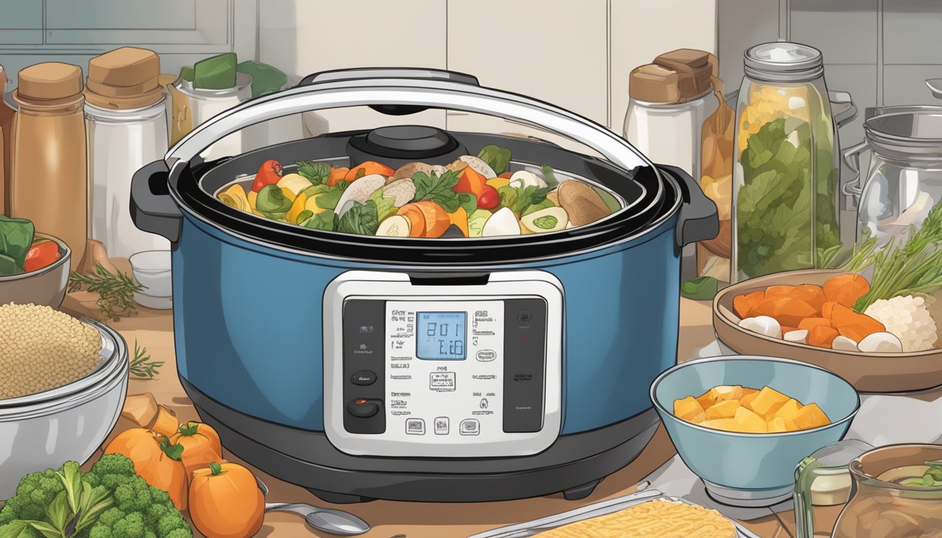 A multi-cooker surrounded by various ingredients and utensils, with a person reading a manual in the background