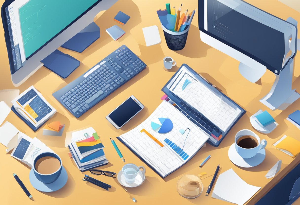 Trading for Beginners: A Comprehensive Guide to Learn How to Trade (Basics Trading Tips for Beginners in 2024) 4 A desk with a computer, charts, and books. A person analyzing data and making notes. A cup of coffee and a notepad nearby