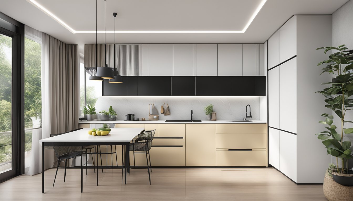 A sleek, modern kitchen with modular cabinets in Singapore. Clean lines, high-quality materials, and efficient storage solutions
