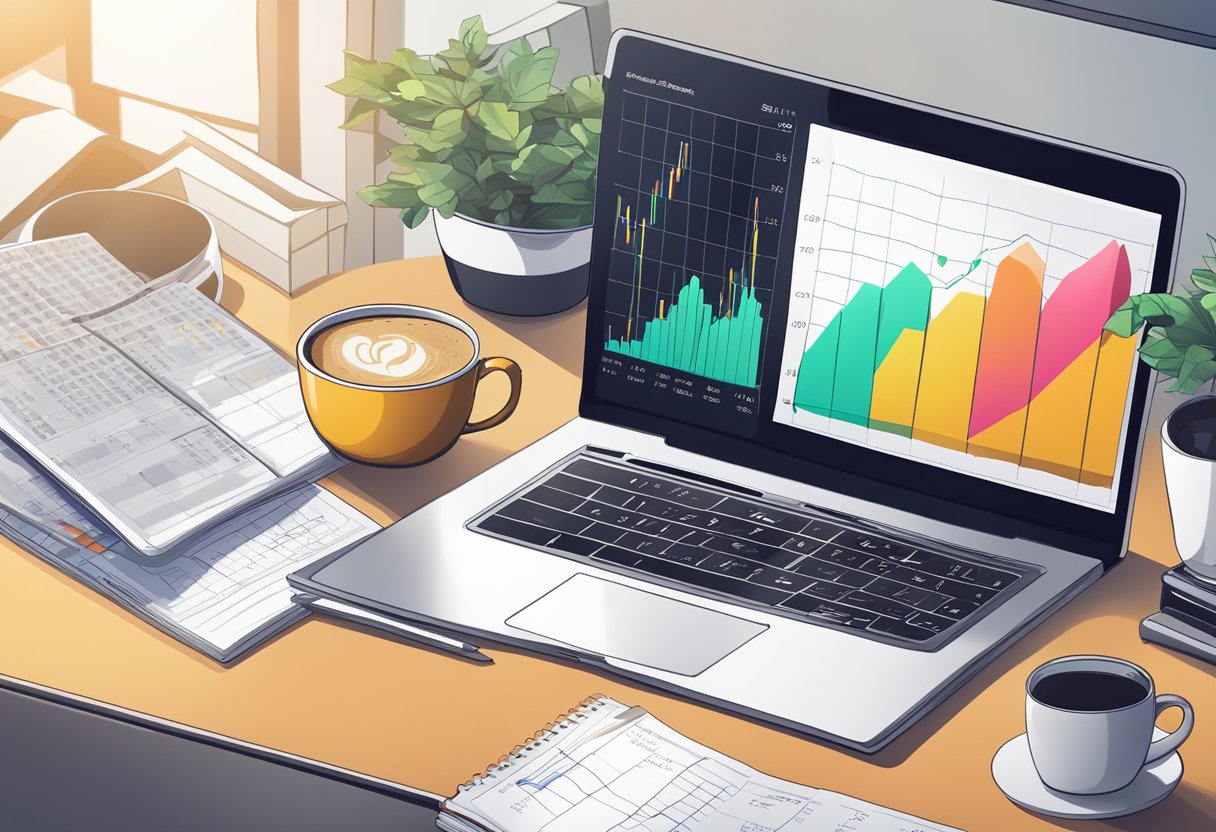 Trading for Beginners: A Comprehensive Guide to Learn How to Trade (Basics Trading Tips for Beginners in 2024) 5 A laptop displaying stock charts, a notebook with investment notes, and a cup of coffee on a desk. A beginner's guide to trading open beside a calculator