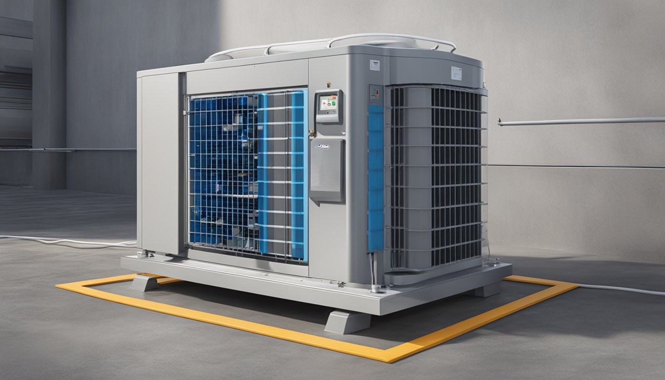 The aircon compressor sits on a concrete pad, surrounded by piping and electrical connections. It is a large, boxy machine with vents and a fan on top