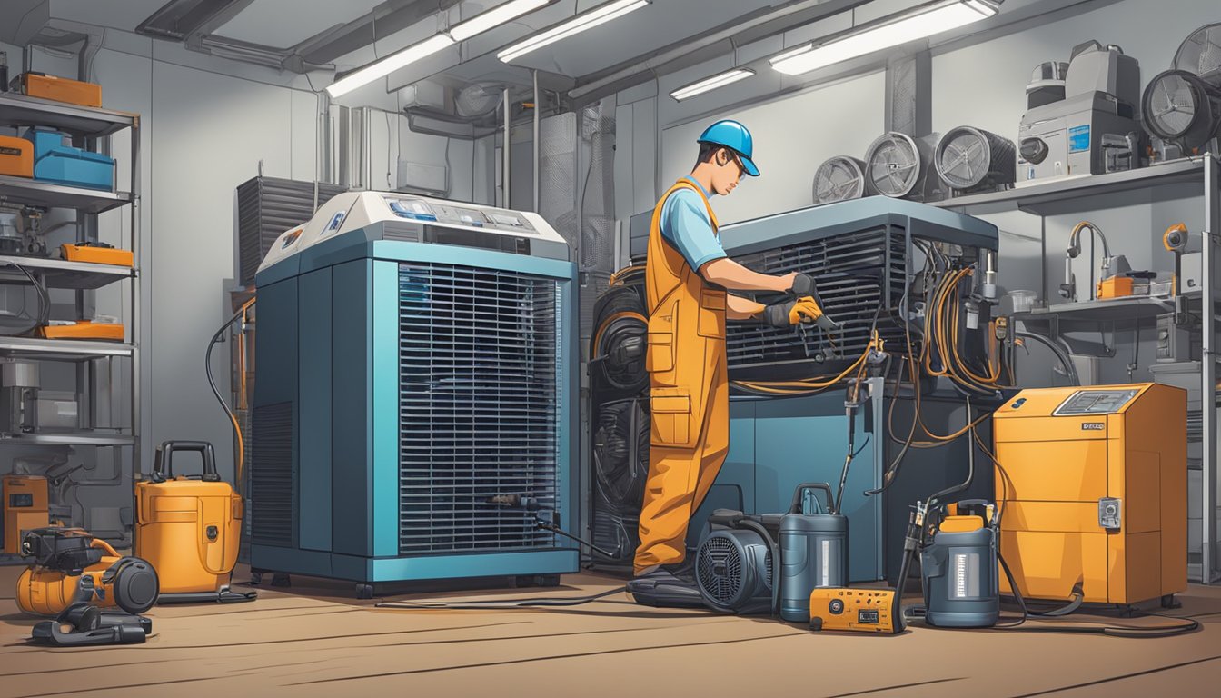 A technician measures and inspects an aircon compressor with tools and equipment spread out on a workbench