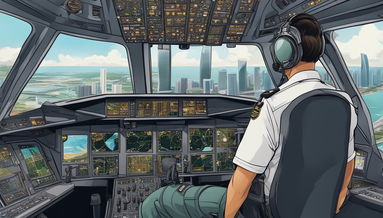 A pilot in a cockpit, wearing a uniform, surrounded by aviation equipment and instruments, with the Singapore skyline visible through the window