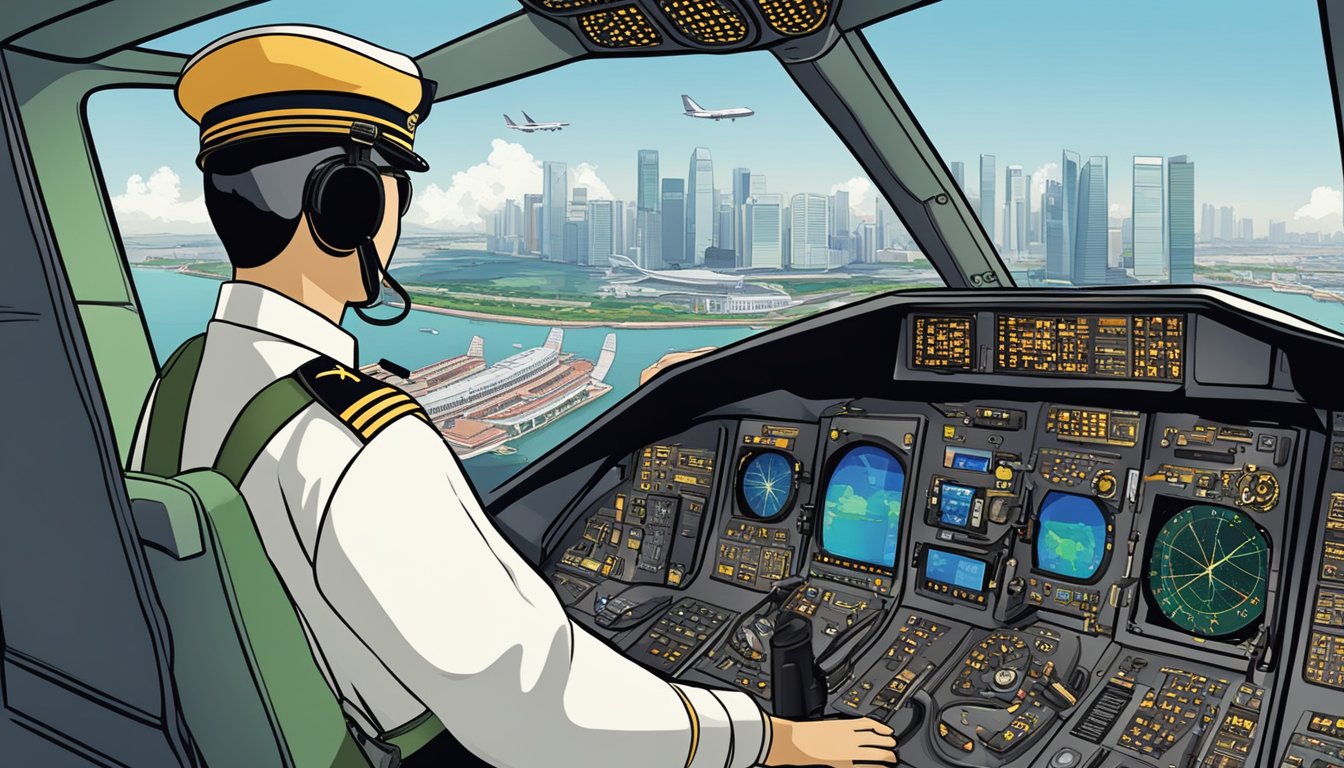 A cockpit with a view of the Singapore skyline, a pilot's uniform, and a paycheck with the words "Pilot Salary" in bold letters