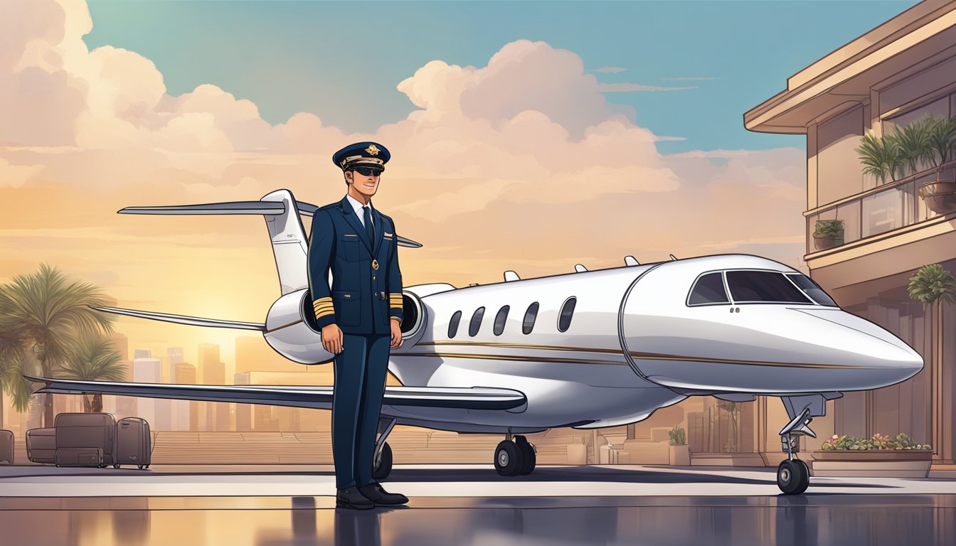 A pilot in uniform stands next to a private jet, surrounded by luxurious amenities and perks. A salary chart and benefits package are displayed nearby