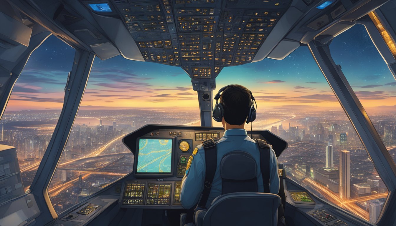 A pilot navigating through the sky, with a view of city lights below. A paycheck with the Singaporean currency symbol