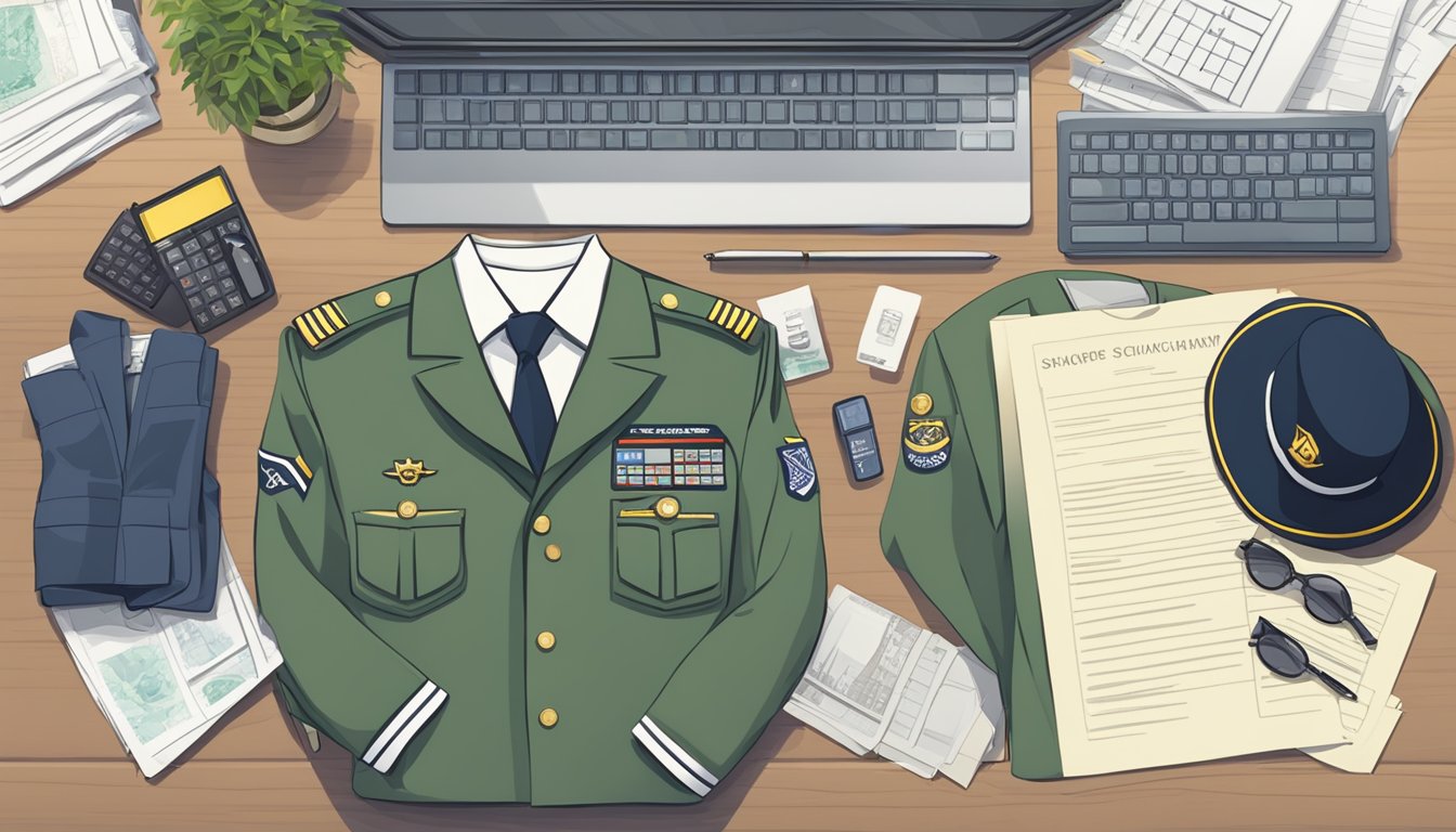 A pilot's uniform and cap on a neatly organized desk, with a calculator and paperwork showing salary figures for Singapore