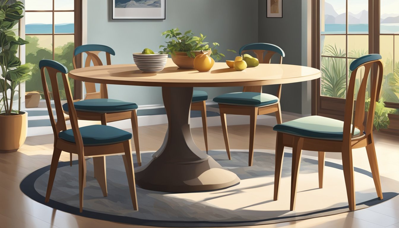 A round stone dining table stands in a sunlit room, surrounded by wooden chairs