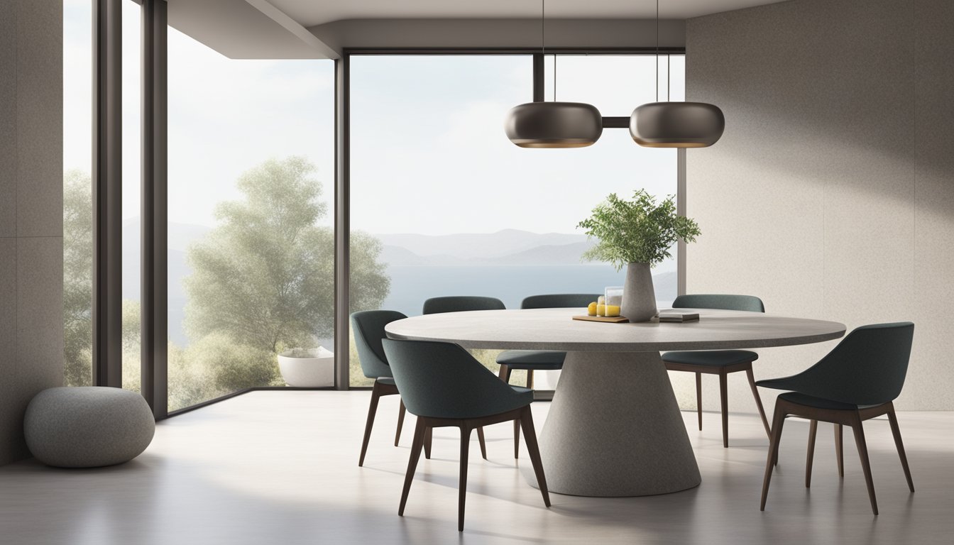 A round stone dining table sits in a modern, minimalist setting, with clean lines and natural light highlighting the texture and color of the stone