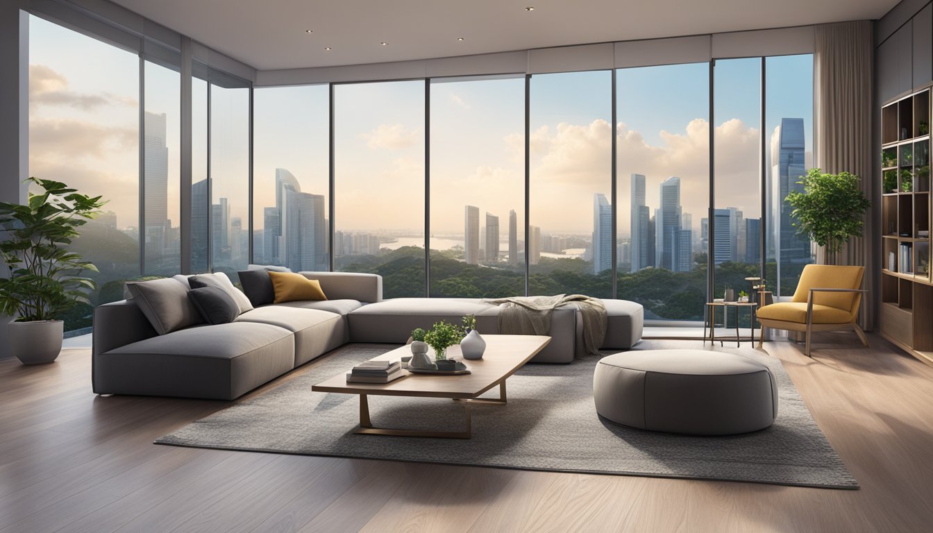 A modern, luxurious home in Singapore, with a spacious living room, sleek furniture, and large windows overlooking the city skyline