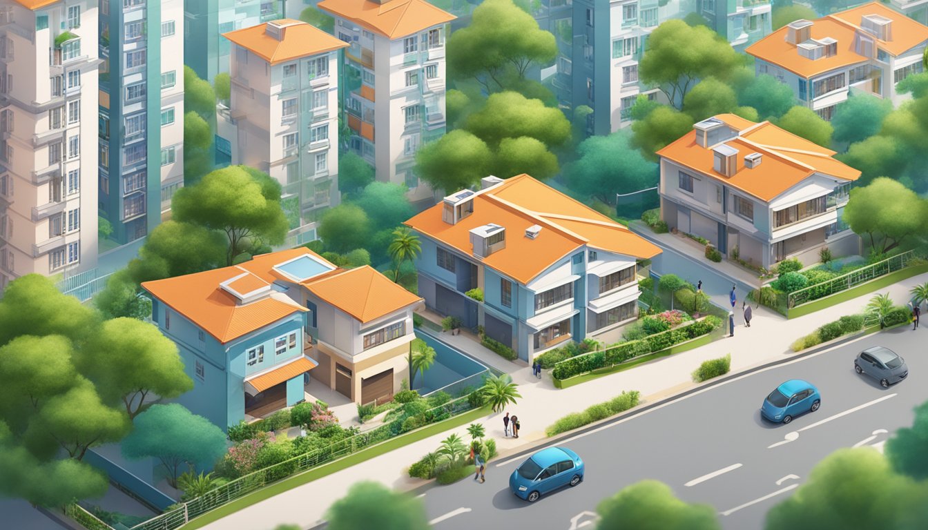 A cozy HDB flat with a UOB home loan sign displayed, surrounded by greenery and a bustling neighborhood