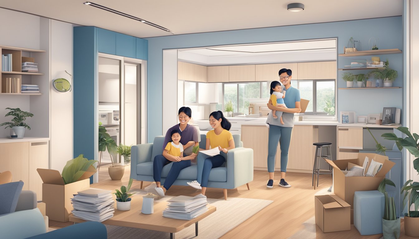 A family happily moves into their new HDB home, surrounded by UOB loan documents and a friendly UOB representative offering assistance