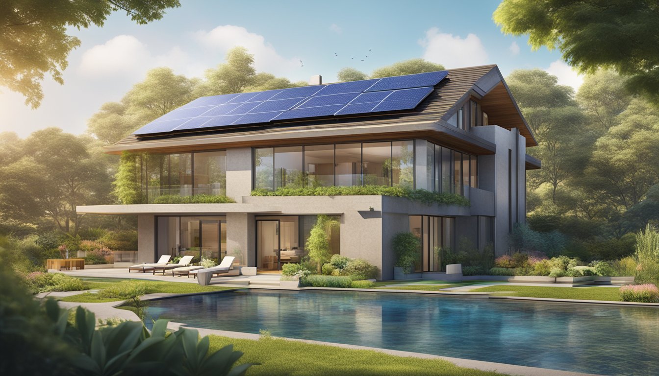 A lush green landscape with solar panels on rooftops, water-saving features, and eco-friendly materials in modern homes. The UOB logo prominently displayed, signaling a commitment to sustainability