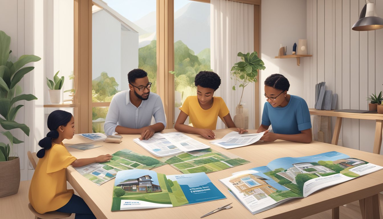 A family examines UOB Home Loan brochures, surrounded by eco-friendly home decor and sustainable building materials