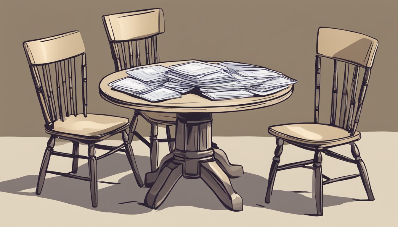 A round stone dining table with a stack of FAQ cards and a pen nearby. Chairs are pulled out as if someone had just been sitting there