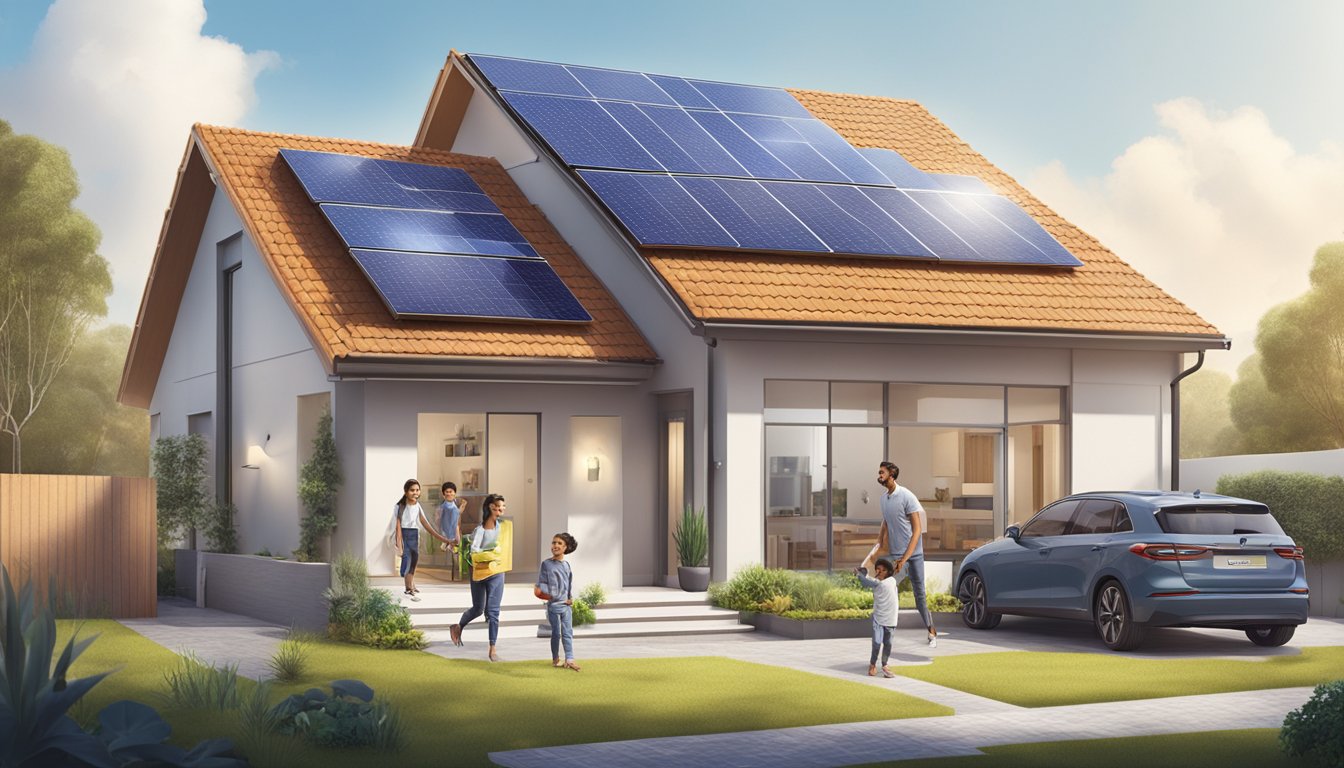 A family enjoys energy-efficient features in their UOB Sustainable Future Home Loan house. Solar panels power their home, while rainwater is collected for reuse