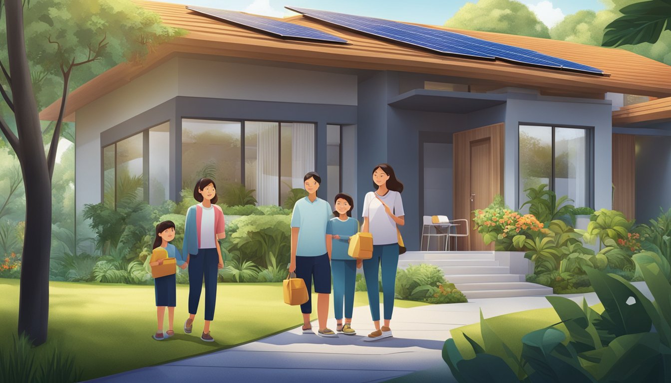 A family stands in front of a modern, eco-friendly home. The sun shines on solar panels, and lush greenery surrounds the house. A sign displays "UOB Sustainable Future Home Loan Singapore."