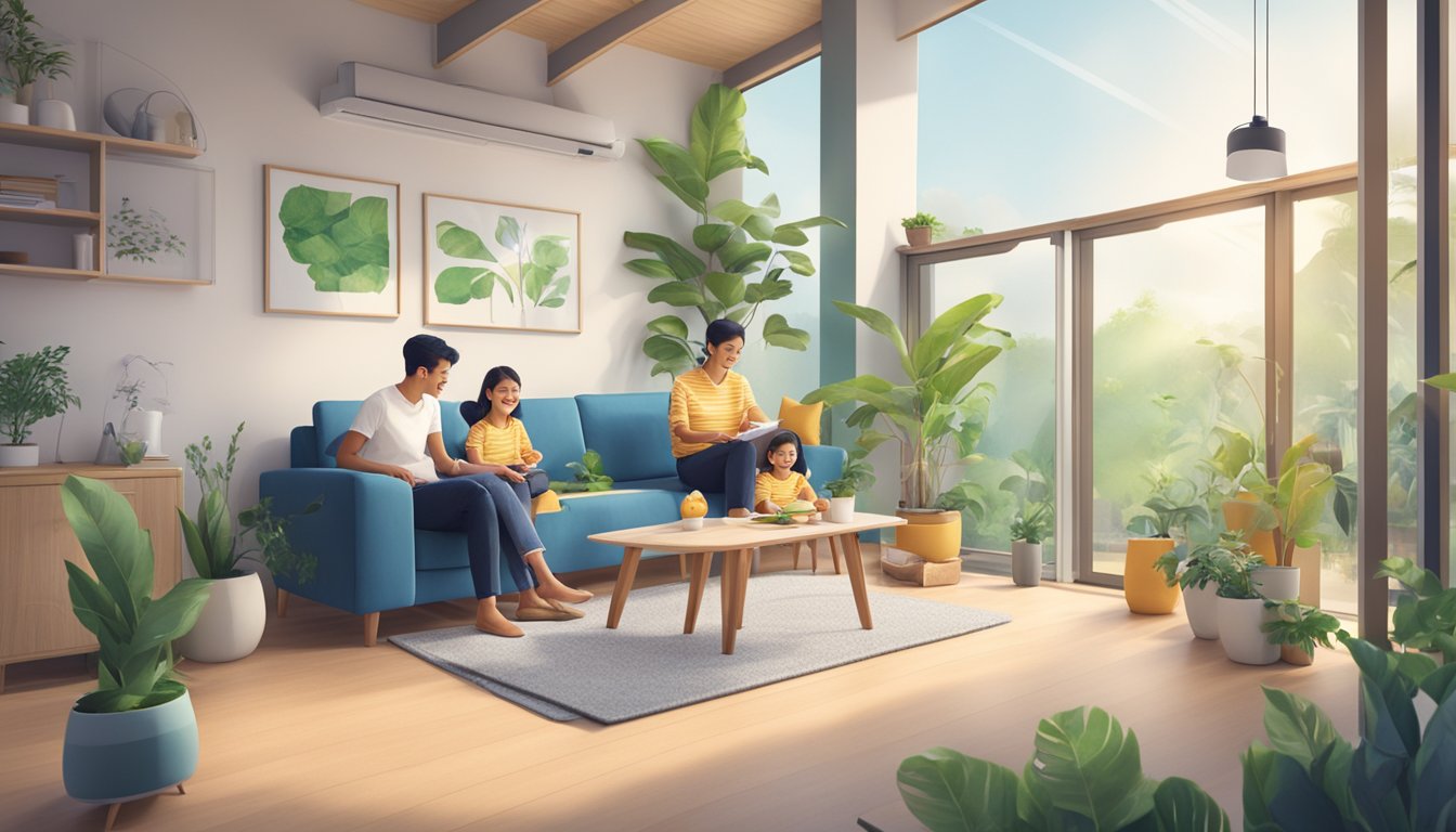 A family happily sits in their eco-friendly home, surrounded by solar panels and energy-efficient appliances, showcasing the financial benefits of UOB Sustainable Future Home Loan in Singapore