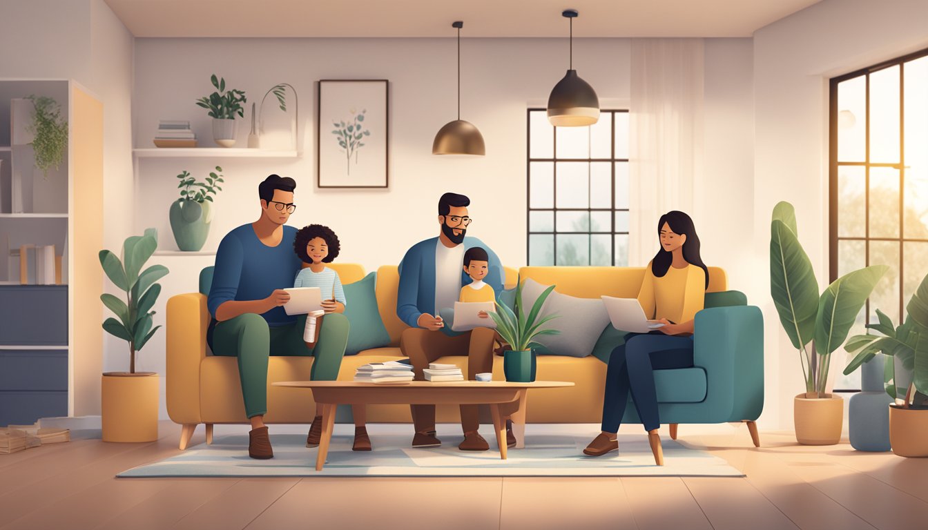 A family making mortgage payments while enjoying the flexibility of UOB HBD Home Loan in a cozy living room setting
