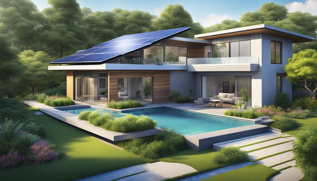 A modern house with solar panels on the roof, surrounded by lush greenery and a clean, blue water feature in the front yard