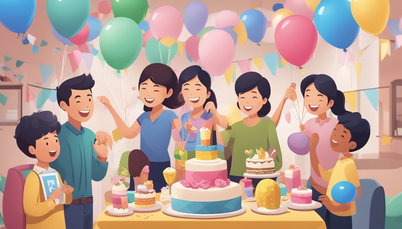 A family celebrating with balloons and a cake, surrounded by promotional materials for UOB HBD Home Loan Review in Singapore